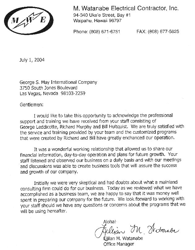 appreciation letter to contractor m watanabe electrical contractor waipahu appreciation letter to contractor m watanabe electrical contractor waipahu